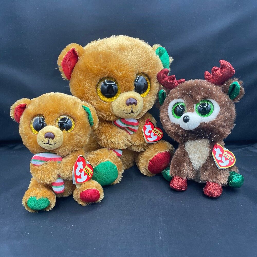 Set of 3 Ty Beanie Boos Christmas Holiday Plush Bear Reindeer Toys Bella Fudge